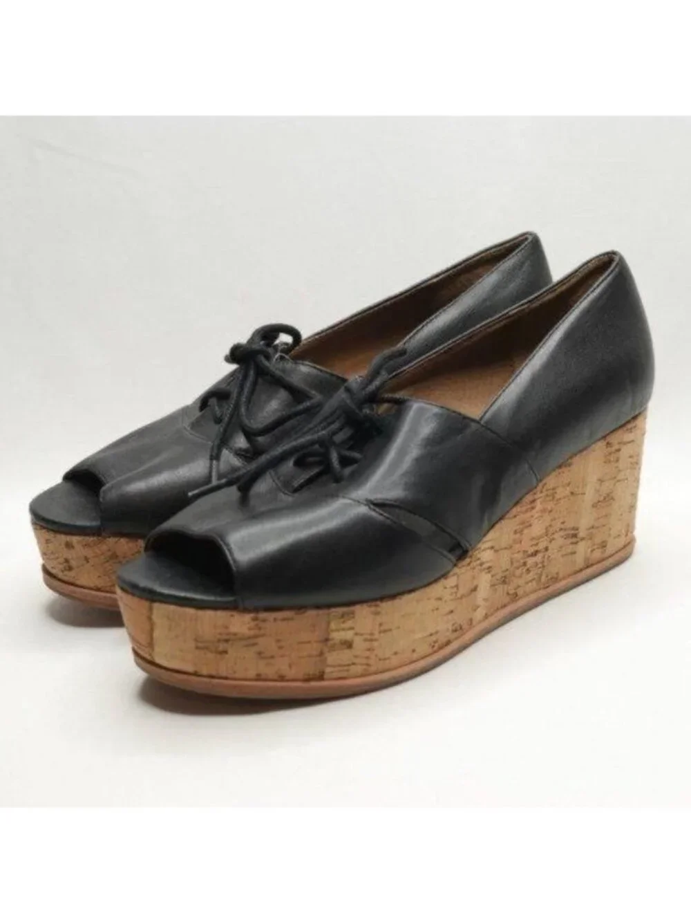 Anthropologie Fiel Women's 8.5 Black Leather Lace Up Platform Open Toe Oxfords